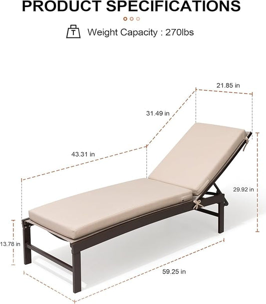 Crestlive Products Chaise Lounge Chair with Cushion,Outdoor 5 Position Recliner, All Weather Furniture for Patio, Beach, Yard, Pool (2PCS Beige)