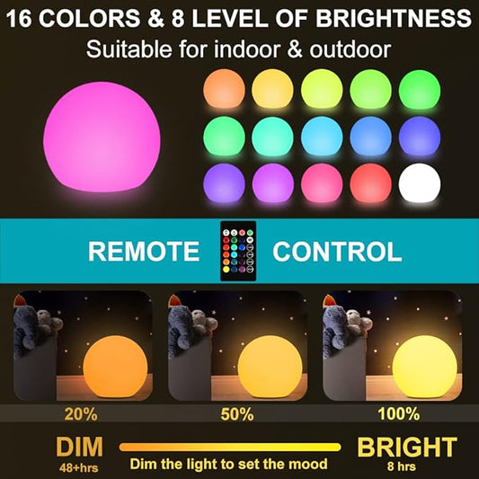 6-in LED Globe Orb Light for Kid, 16 RGB Colors Changing Orb Night Light w/Remote (1PC) and 16-in Cordless LED Glowing Ball Light, Waterproof Indoor/Outdoor LED Globe Orb Light w/Remote (1PC)