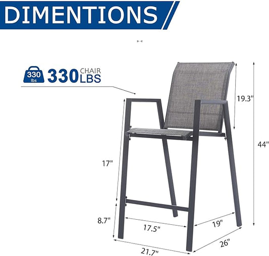 Outdoor Bar Stools Set of 2, 44'' Patio Bar Chairs with Textile High Back, Bar Height Chairs with Straight Armrest and Footrest, Grey