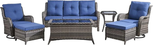 Wicker Patio Furniture-7 Pieces Rattan Patio Furniture Set Outdoor Patio Couch with Swivel Patio Chairs Ottomans and Coffee Table for Deck Poolside Backyard-Grey/Blue