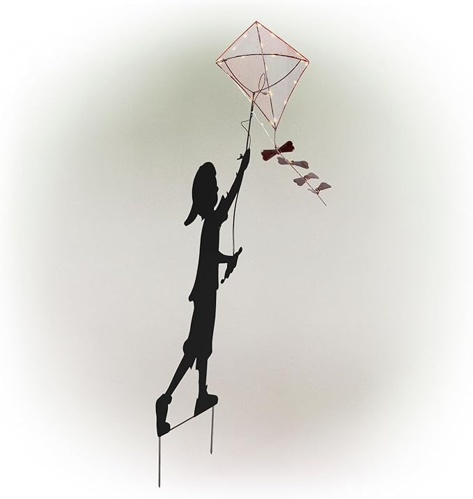 Alpine Corporation 41" Tall Outdoor Solar Powered Garden Stake Boy Silhouette Flying Kite with LED Lights