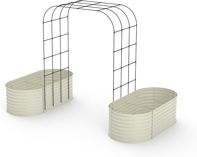 Expandable Arch Trellis Raised Bed Kit – 95" Metal Garden System with Vertical Netting, Plant Ties, and Drainage Design for Vegetables, Flowers, and Vines (Rust-Proof Beige)