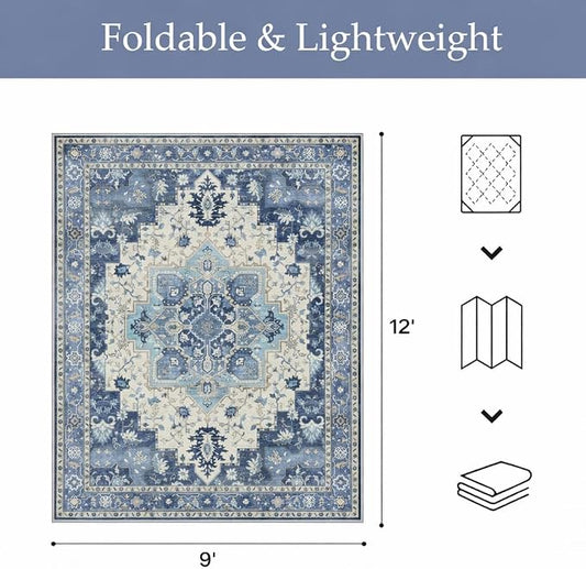 GENIMO Outdoor & Indoor Area Rug 9'x12', Waterproof, Non-Shedding, Easy Cleaning, Boho Mat for Patio, Living Room, Balcony, Dining Room, RV, Deck, Bedroom, Camping, Outside Carpet,Center Blue