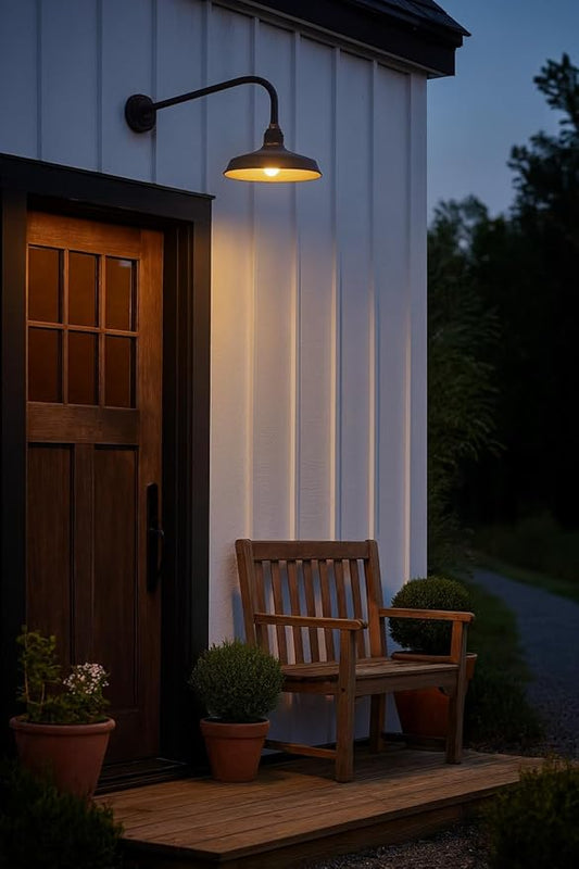 Hinkley Foundry Classic Medium Straight Arm Barn Light - Aluminum, Dark Sky Compliant, Industrial, 23.75" Extension, 12" Shade - Textured Black Finish with Brass Accent