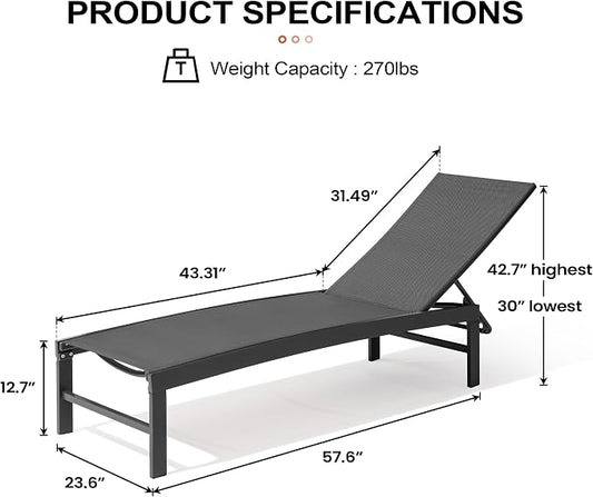 Crestlive Products Outdoor Lounge Chairs, Aluminum Pool Chaise Lounge Chairs, Adjustable Five-Position Tanning Recliner, All Weather for Patio, Beach, Yard, Pool (1PC Black)
