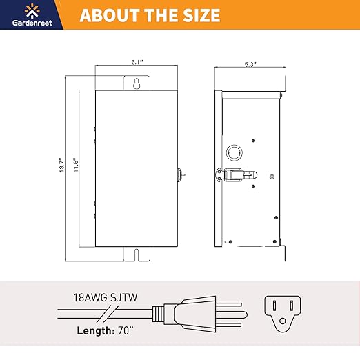 Gardenreet 300W Low Voltage Landscape Lighting Transformer - ETL Listed IP65 Multi-Tap (120V AC to 12V-13V-14V-15V AC) with Mechanical Timer, Stainless Steel Shield for Outdoor, Spotlight, Path Light