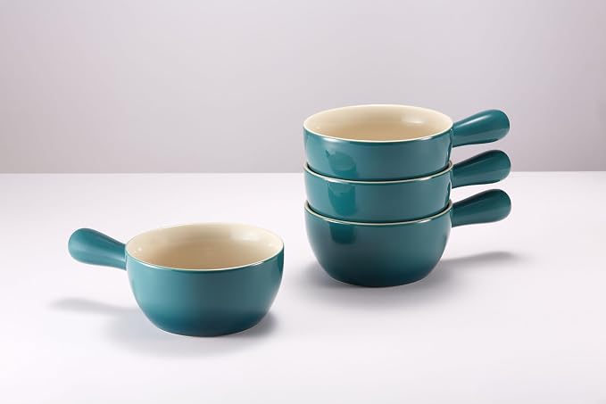 Kook French Onion Soup Crocks, Stackable Ceramic Bowls with Handles, Broil, Oven, Microwave and Dishwasher Safe, for Cereal, Soups, Casseroles, with Handle, 24 Oz, Set of 4, Teal Ombre