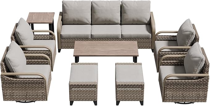 COOS BAY Modern Wicker Outdoor Furniture Set, Patio Conversation Set with 4 Swivel Rockers, 3 Seat Couch, Ottomans, Coffee Table and Side Table, 9 Piece, Brown/Gray