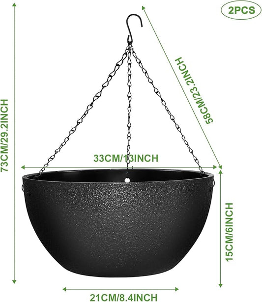 Enenes 13 Inch Large Hanging Planters 2 Pack, Plastic Plant Pots with Drainage Holes and Chains for Indoor or Outdoor Garden, Patio, Large Hanging Baskets