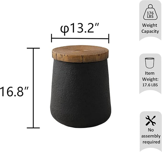 HOMPUS Outdoor Concrete Side Table, Patio Black Side Table, Small Outdoor Accent End with Wood Grain Top, Cylinder Shaped Round for Patio, Outside, Black