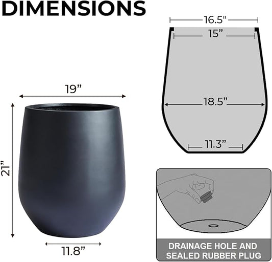 21"H x 19"D Corso Fiberstone Round Tapered Planter - Christmas Tree Planter, Smooth Finishes, Weather Resistant for Indoor & Outdoor Use, Included 2 Extra Coco Mats (Black, 15" Pot Opening)