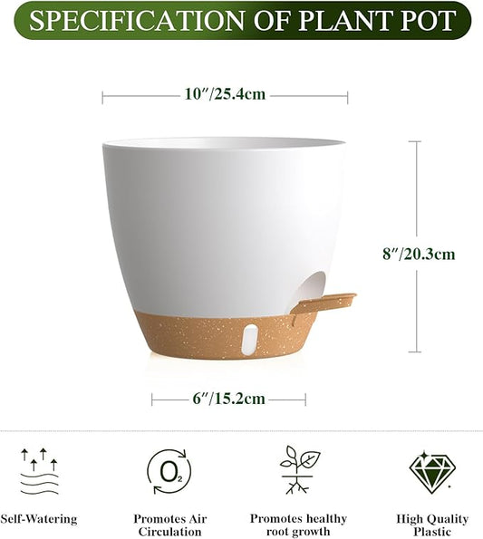 Self Watering Pots with Drainage Holes, 2 Pack 10 Inch Plant Pots with Water Level Indicator Deep Reservoir, Large Plastic Planter for Indoor Outdoor Plants - White Brown