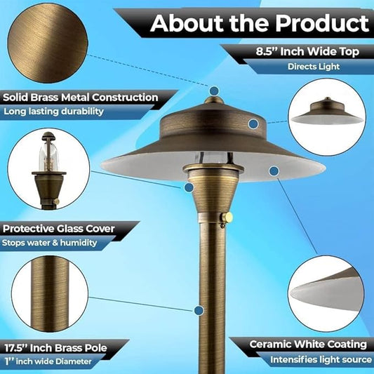 LED Low Voltage Pathway Lights 120- Solid Brass Outdoor Landscape Lights for Garden Pathway & Driveway Outdoor Lighting, 12V Landscape Lighting with Ground Stake & G4 LED Bulb (4 Pack Wide Top 8-1/2")