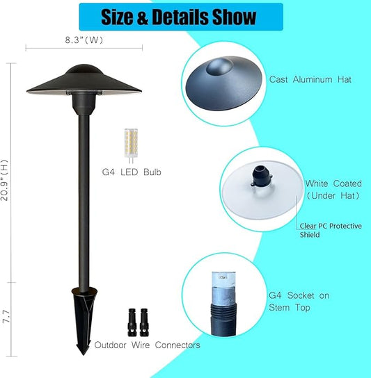 Low Voltage Pathway Lights,Cast Aluminum Landscape Lighting Path Light Garden Driveway Walkway Lighting 12-24V Replaceable G4 LED Bulb Wire Connectors Included 2-Pack Black Finish Round Hat