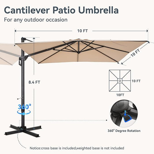 GREEN PARTY 10x10 ft Cantilever Patio Umbrella with Base, Rectangle Offset Outdoor Umbrellas with 360° Rotation, 5-Year-Non-Fading Hanging Pool Umbrella for Garden Deck Poolside - Beige