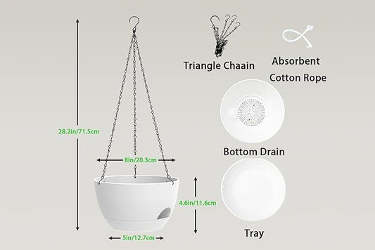 Hanging Planters 3-Pack, 8 Inch Self-Watering Hanging Pots with Drainage Hole and Chains, Plastic Planters for Indoor Outdoor(White)