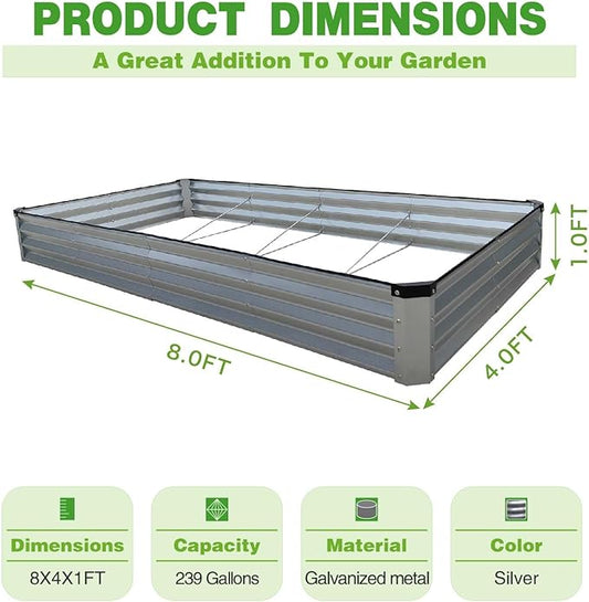 GrowHaus 8x4x1FT Galvanized Raised Garden Bed, Planter Boxes Outdoor Large Metal Garden Beds for Planting Vegetables Flowers Herbs Rectangle Silver