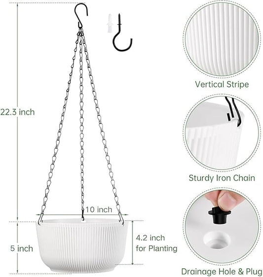 Set of 2 White Hanging Planters for Outdoor Indoor Plants, 10 Inch Self-Watering Hanging Plant Pots with Drainage Hole & Plug (Hooks)
