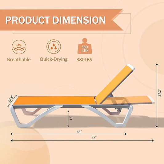 Domi Outdoor Lounge Chair, Aluminum Lounge Chair for Outside with 5 Position Adjustable Backrest, Outdoor Chaise Lounge for Beach, Yard, Balcony, Poolside(1 Orange Chair W/O Table)