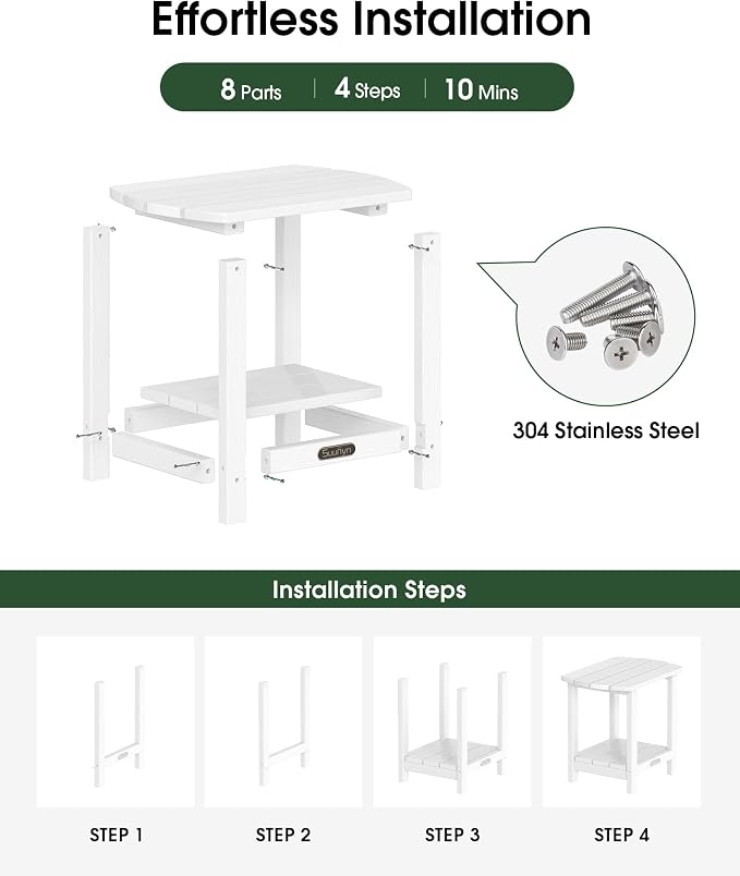 Outdoor Side Table – 2-Tier HDPE Adirondack Side Table, Sturdy Small Outdoor Tables, Weather-Resistant & Easy Assembly Patio End Tables for Garden, Balcony, Porch & Poolside (White)