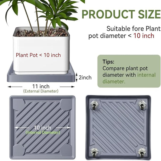 Square Plant Caddy with Hidden Wheels 11 Inch Heavy Duty Rolling Plant Stands Indoor Outdoor Plant Saucer Tray Dolly with $9.9 Garden Tools (Gray)