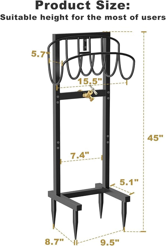 Artigarden Outdoor Garden Hose Holder Freestanding with Brass Faucet And 4 Spikes, Heavy Duty Metal Water Hose Reel Stand Hanger Rack Organizer Holds Storage 150ft Hose for Outside Yard Lawn, Black