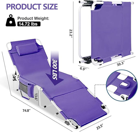 Tanning Chair with Face Hole, Adjustable Folding Chaise Lounge Chairs for Outside with Detachable Pillow & Pocket,Portable flat beach chairs for sunbathing, beach lawns camping (Purple, Standard)
