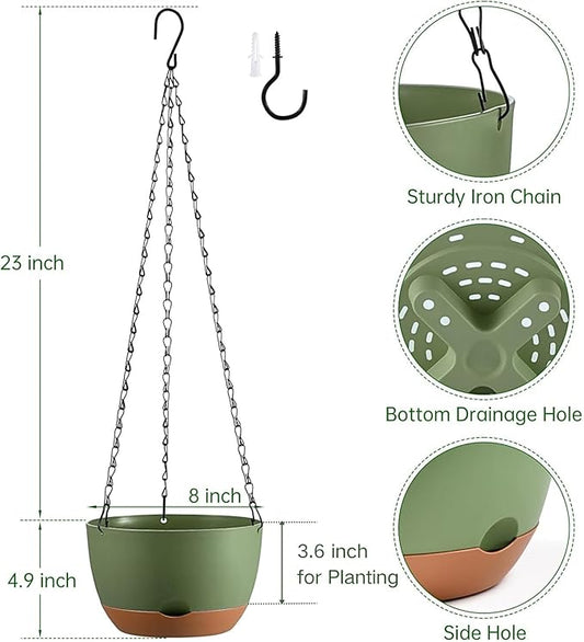 Set of 2 Hanging Planters for Indoor Outdoor Plants, 8 Inch Self-Watering Hanging Flower Pots with Drainage Hole & Removable Water-Storage Tray (Hooks)