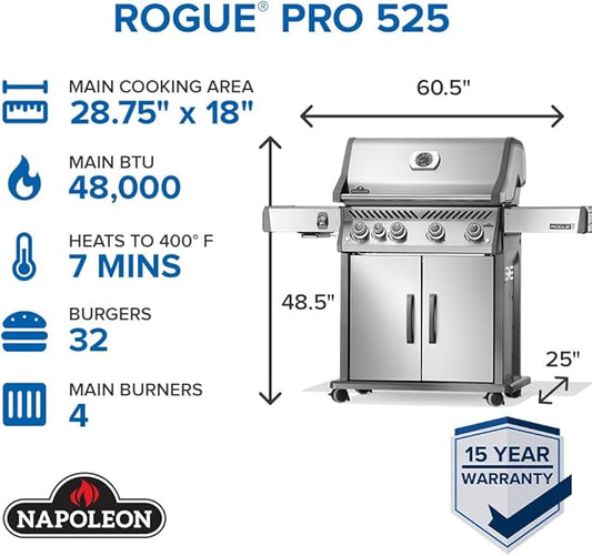 Napoleon Rogue PRO 525 Propane Gas Grill with Infrared Side Burner, Stainless Steel, Durable 5-Burner Outdoor BBQ