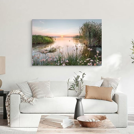 Hardy Gallery lake pictures wall decor artwork: scenic canvas wall art lake scene artwork nature scenery painting - sunset landscape prints for bedroom house 45"x30"