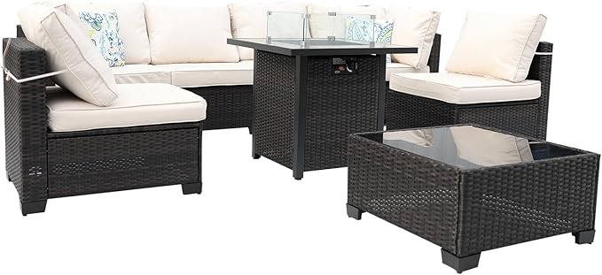 8 Pieces Patio Furniture Set with 28" Fire Pit Table, Wicker Outdoor Sectional Couch, Rattan Conversation Set for Backyard, Deck, Garden Lawn, Brown/Beige