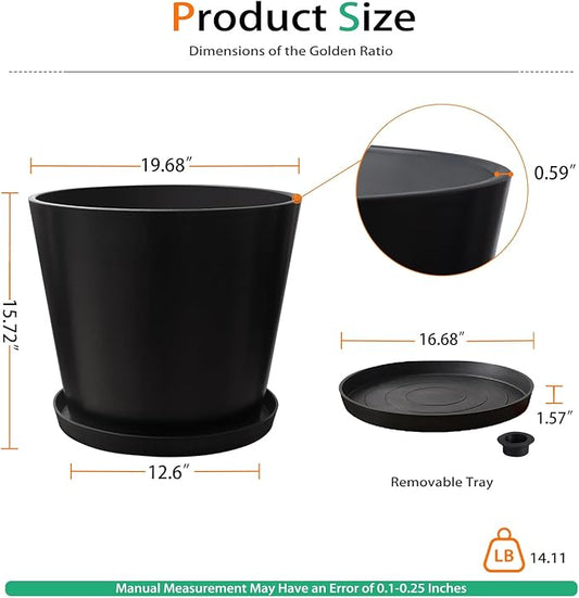 Wide Planters for Outdoor Plants, Extra Large Indoor Flower Pots for Garden, Front Porch, Patio - Round Resin Planter Set of 2 (Black, 20 inch - 2 Pack with Saucers)