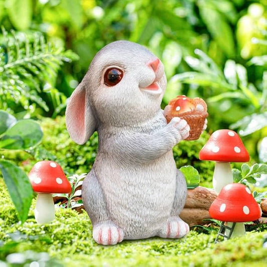 Solar Rabbit Garden Statues Outdoor Bunny Decor Resin Bunny Figurine Holding Mushroom with LED Lights for Porch Patio Lawn Yard Christmas Birthday Housewarming Gardening Gifts for Mom Grandma