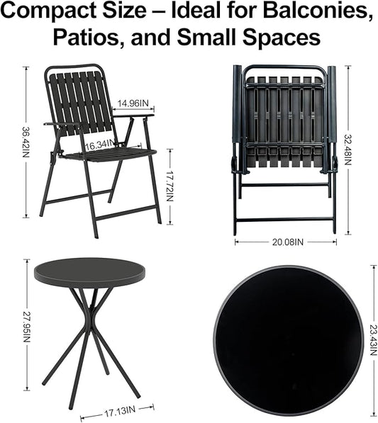 3 Piece Outdoor Bistro Set, Patio Table and Chairs Set of 2, Small Balcony Furniture with Glass Top Table, Folding Bistro Patio Set for Garden, Deck, Porch, Black Outdoor Furniture