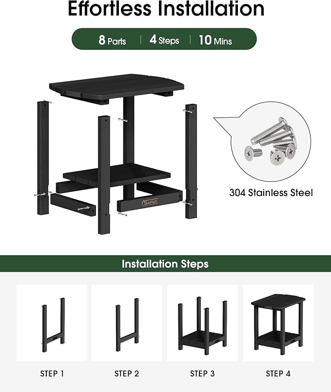 Outdoor Side Table – 2-Tier HDPE Adirondack Side Tables, Sturdy Small Outdoor Porch Tables, Weather-Resistant & Easy Assembly Patio End Table for Garden, Balcony, Porch & Poolside (Black)