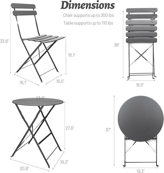3-Piece Patio Bistro Set Outdoor Furniture Set Folding Bistro Table and Chairs with Premium Steel Frame Weather Resistant Conversation Set for Bistro Balcony Porch Yard Garden(grey with cushion)