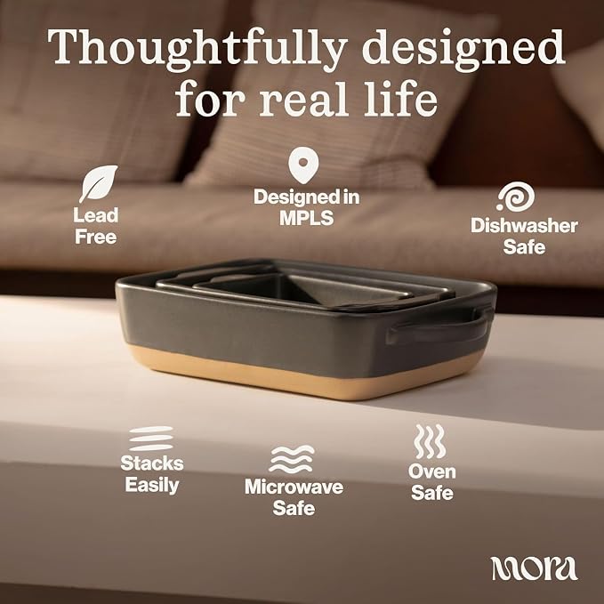 Mora Ceramic Baking Dish with Handles For Casserole, Lasagna, Gratin, Broiling, Roasting, and Baking. Large 9x13 in Pan, Extra Deep - Porcelain Serving Bakeware from Oven to Table. Freezer Safe - Nebula