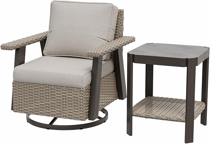 EAGLE PEAK Classic Wicker Patio Bistro Set of 2, Outdoor Patio Furniture with 360° Swivel Rocker Chair and Side Table, Lounge Set for Porch, Deck, or Balcony, Beige/Beige