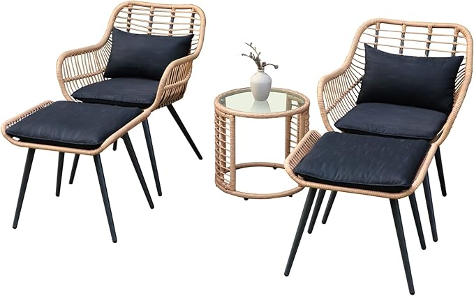 JOIVI 5 Piece Wicker Patio Furniture Set, Rattan Outdoor Bistro Set with 2 Ottomans and Coffee Side Table, Small Patio Conversation Set for Balcony, Front Porch, Garden, Backyard, Black