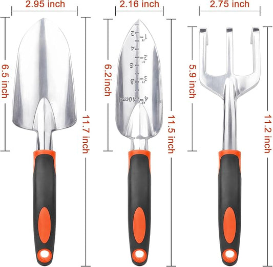 Garden Tools Set, 3 Pack Heavy Duty Gardening Tools Set Include Garden Shovel, Transplant Trowel and Hand Rake with Ergonomic Handle, Aluminum Alloy Lawn for Planting, Orange