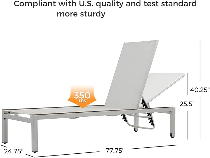 Grand patio Outdoor Chaise Lounge Mesh Sling Chair with Woodgrain Texture, Portable Wheels 4 Adjustable Reclining Backrest Positions for Poolside Beach White