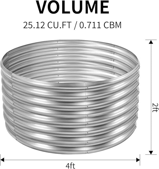 Land Guard 4×4×2ft Galvanized Raised Garden Bed Kit, Round Galvanized Planter Raised Garden Boxes Outdoor, Large Metal Raised Garden Beds for Vegetables, Silver