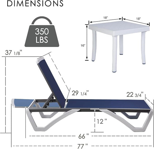 Kozyard 3-Piece Outdoor Chaise Lounge Set Fully Flat Adjustable Lounger | Aluminum Frame, Resin Legs, Textilene Fabric for Poolside, Backyard, Beach, Blue, 2Chairs +Table