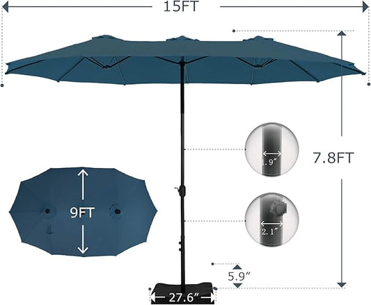 GREEN PARTY 15 ft Rectangle Patio Umbrella with Base Included, Double-Sided Table Umbrella with Crank, Large Outdoor Umbrellas for Patio Poolside Garden Backyard, Cerulean