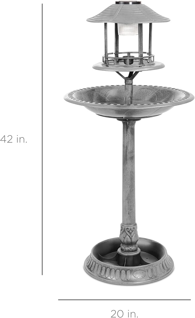 Best Choice Products Solar Outdoor Bird Bath Vintage Resin Pedestal Fountain Decoration for Yard, Garden w/Planter Base, Feeder, Decorative Bird Cage, Fillable Stand - Stone