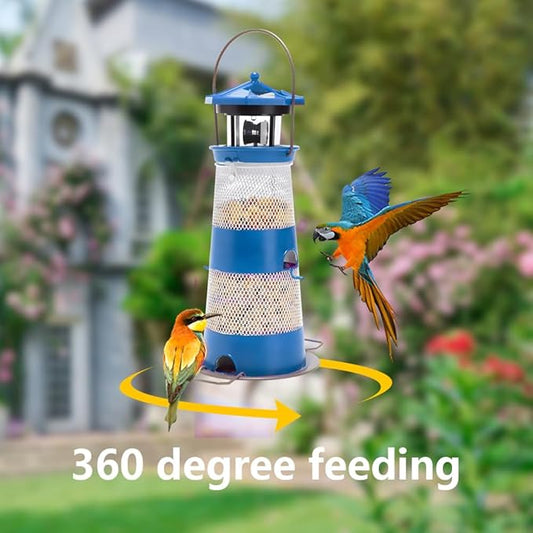 Solar Bird Feeder Lighthouse Hanging Outdoor Birdfeeder Garden Lantern Waterproof LED Lights Backyard DΓ©cor Patio Gifts for Bird Lovers (B-Lighthouse, Blue)