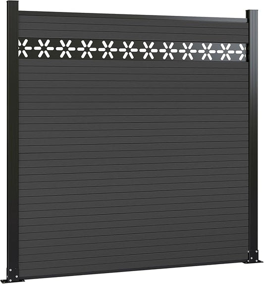 6 Feet×6 Feet Privacy Fence, Outdoor Wood Plastic Composite Fence Panel, Waterproof Security Barriers Fencing, WPC (Black, Floral (1 Panel - 2 Post))