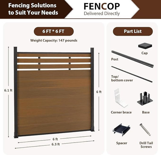 6'' x 6'' Outdoor Privacy Fence, Wind Resistant, Wood Plastic Composite Fence Panel with 1 Post, Fencing for Yard, Backyard, Garden and Pool