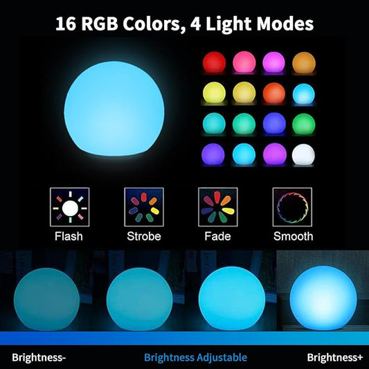 6-Inch 16 Color Changing LED Ball Lamp, IP68 Waterproof Led Glowing Orb Lights with Remote Control and Timer for Pool Garden Yard Home Party Decor