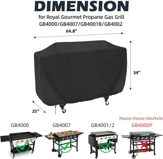 Flat Top Grill Cover for Royal Goumet GB4000/GB4007/GB4001B/GB4002 2018-2024 Propane Gas Grill, Waterproof 36 Inch Griddle Cover for Char-Griller Flat Iron 4-Burner Grill -64.8 x 25 x 34